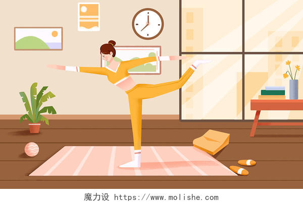 运动健身瑜伽拉伸透明落地窗地板瑜伽垫场景健身插画